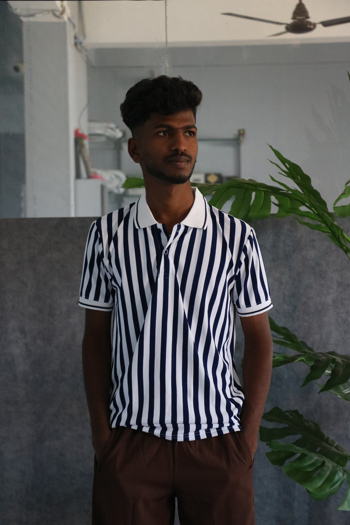 Men's Striped Polo Neck Short Sleeve T-Shirt - Navy Blue