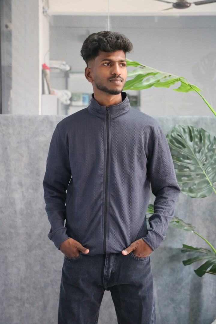 Mens Full Sleeve High Neck Textured Zip-Up Knit Jacket - Grey