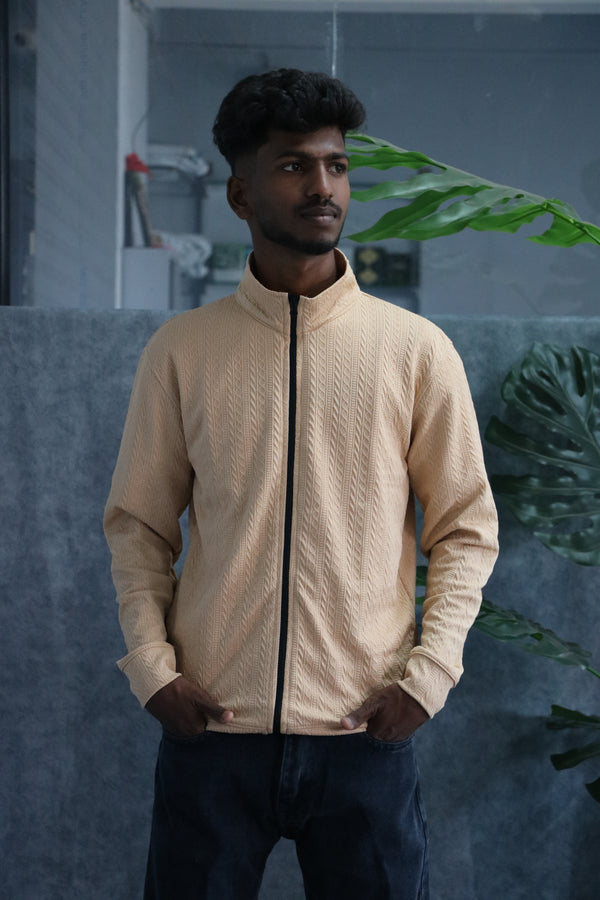 Mens Full Sleeve High Neck Textured Zip-Up Knit Jacket - Beige