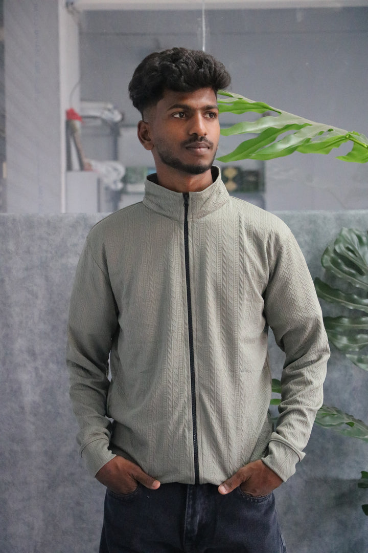Mens Full Sleeve High Neck Textured Zip-Up Knit Jacket - Olive Grey