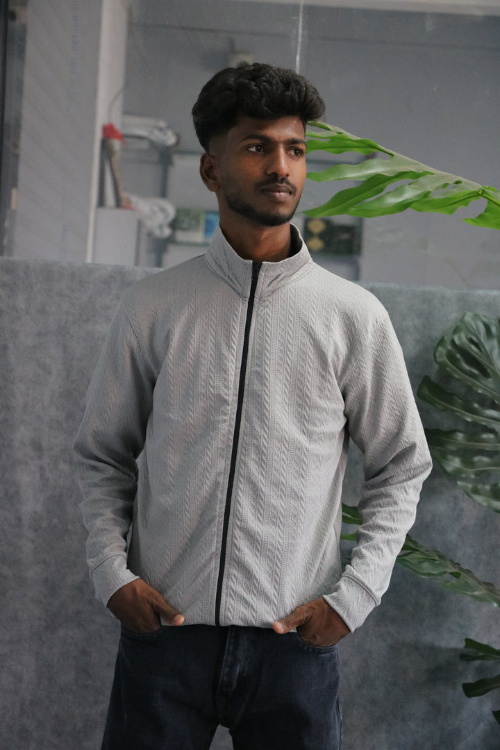 Mens Full Sleeve High Neck Textured Zip-Up Knit Jacket - Light Grey