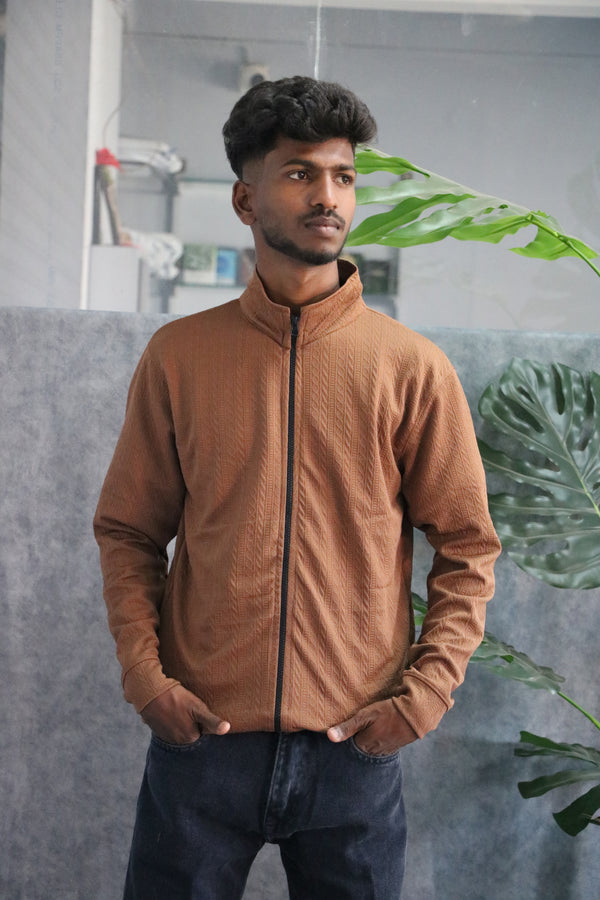 Mens Full Sleeve High Neck Textured Zip-Up Knit Jacket - Brown
