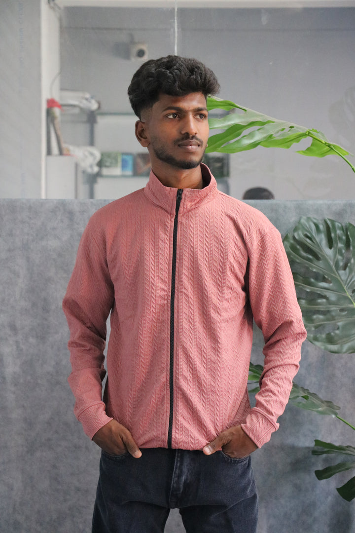 Mens Full Sleeve High Neck Textured Zip-Up Knit Jacket - Pink