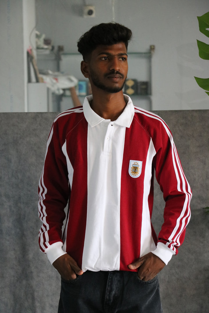 Mens Vertical Striped Full Sleeve Cuttens Polo Tshirt - Maroon