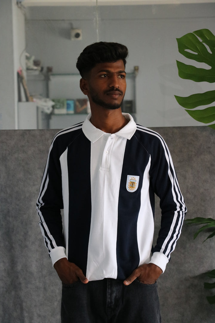 Mens Vertical Striped Full Sleeve Cuttens Polo Tshirt - Navy Blue