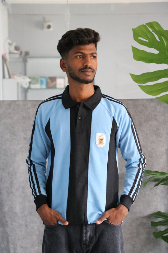 Mens Vertical Striped Full Sleeve Cuttens Polo Tshirt - Sky Blue – 7MAN Men's Fashion India