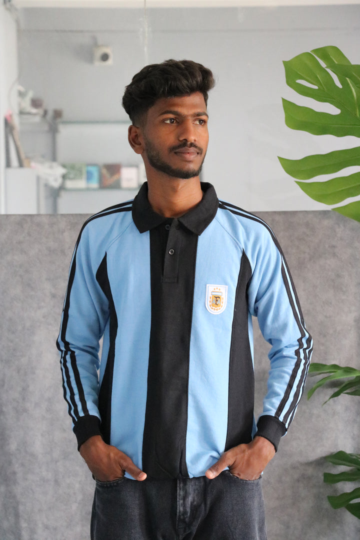 Mens Vertical Striped Full Sleeve Cuttens Polo Tshirt - Sky Blue