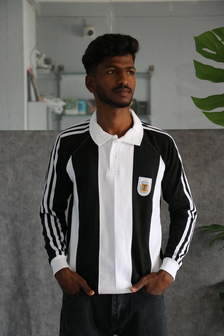 Mens Vertical Striped Full Sleeve Cuttens Polo Tshirt - Black