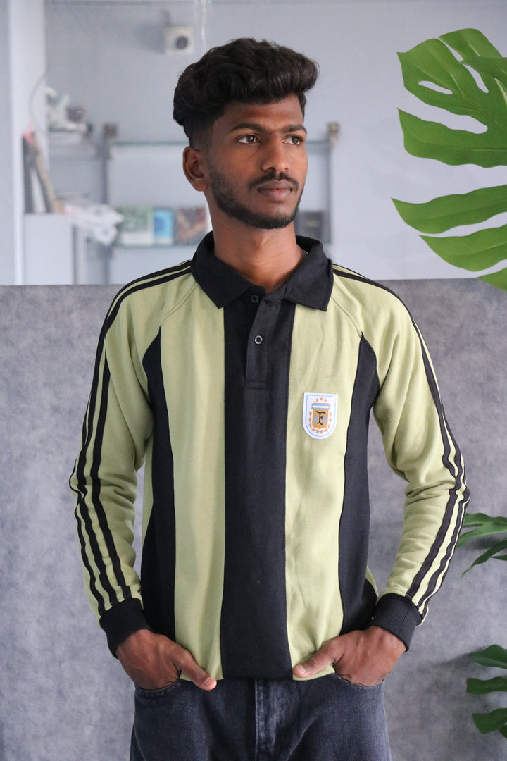Mens Vertical Striped Full Sleeve Cuttens Polo Tshirt - Pista Green