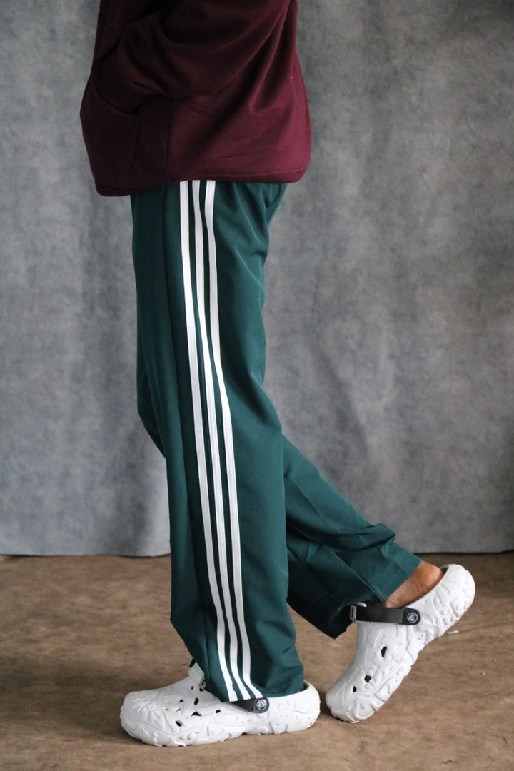 Men's Streetwear Triple Stripe Baggy Track Pants DUAL ZIP - Green