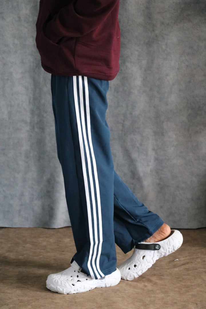 Men's Streetwear Triple Stripe Baggy Track Pants DUAL ZIP - Teal Blue