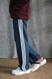 Men's Streetwear Triple Stripe Baggy Track Pants TWO SIDE ZIP  - Teal Blue