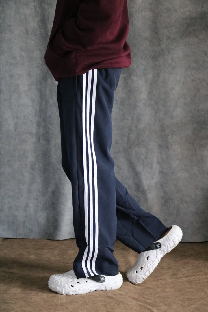 Men's Streetwear Triple Stripe Baggy Track Pants DUAL ZIP - Navy Blue