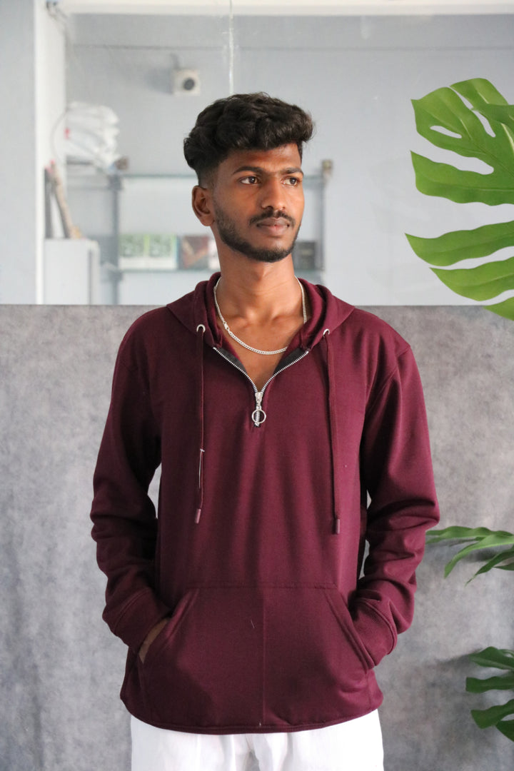 Men's Full Sleeve Half-Zip Korean Hoodie - Maroon