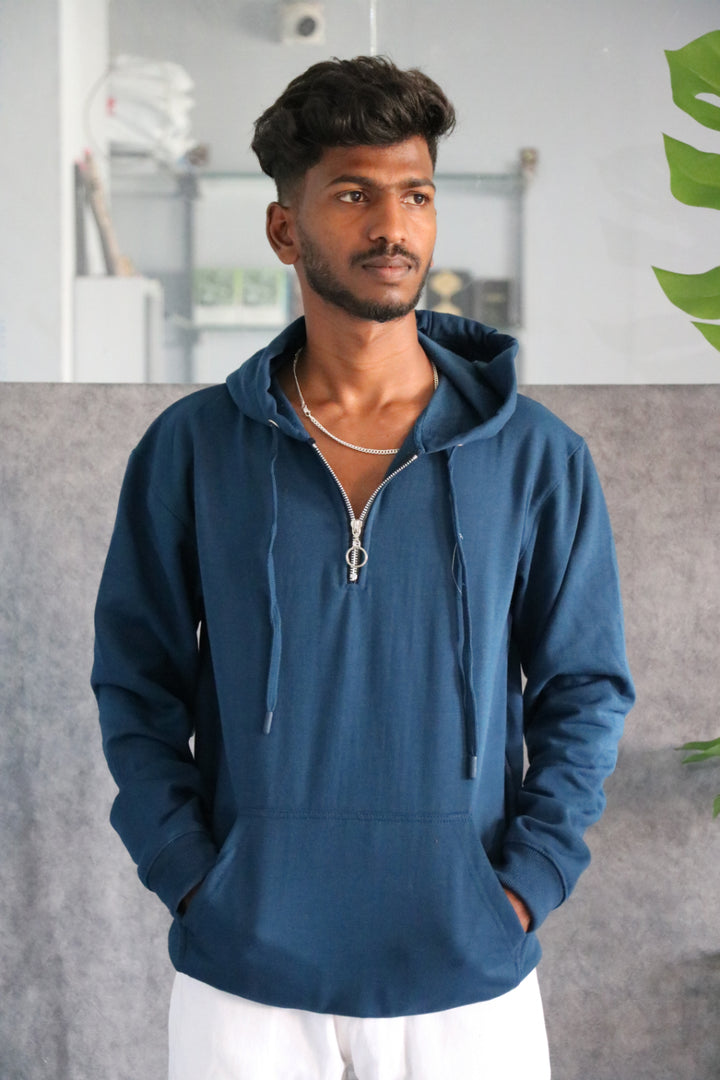 Men's Full Sleeve Half-Zip Korean Hoodie - Teal Blue