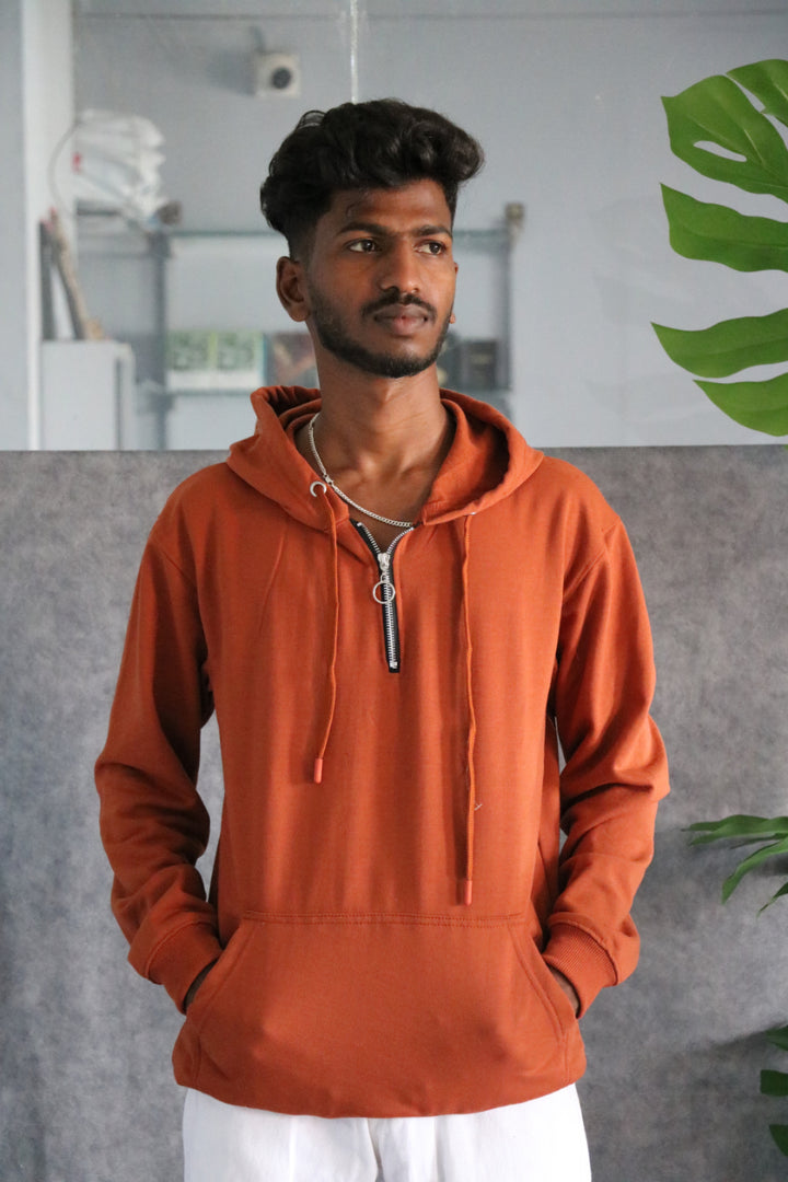 Men's Full Sleeve Half-Zip Korean Hoodie - Rust Orange