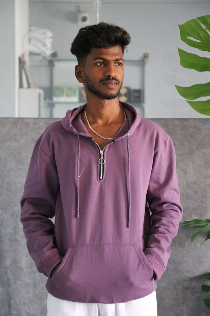 Men's Full Sleeve Half-Zip Korean Hoodie - Purple