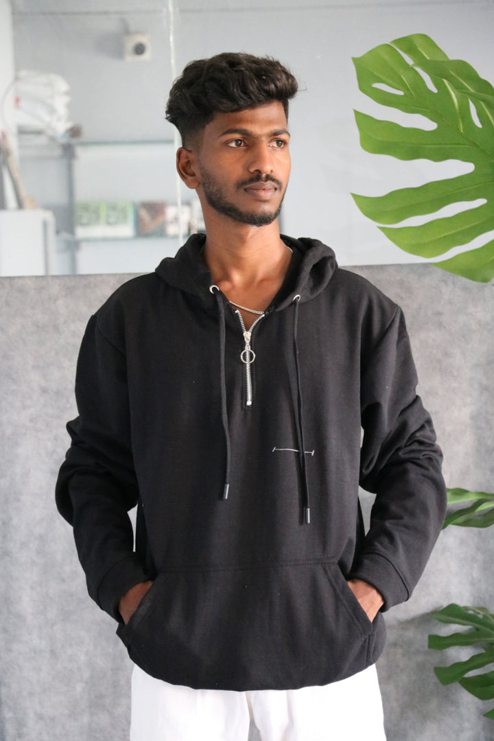 Men's Full Sleeve Half-Zip Korean Hoodie - Black