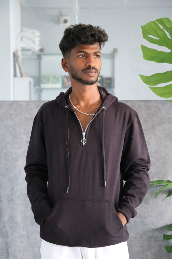 Men's Full Sleeve Half-Zip Korean Hoodie - Dark Brown