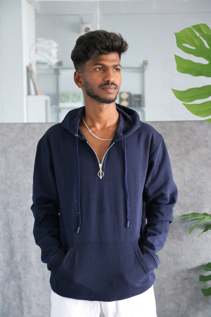 Men's Full Sleeve Half-Zip Korean Hoodie - Navy Blue