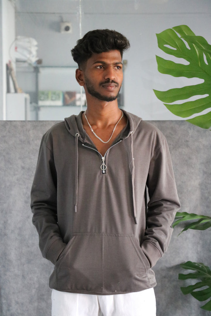 Men's Full Sleeve Half-Zip Korean Hoodie - Dark Grey