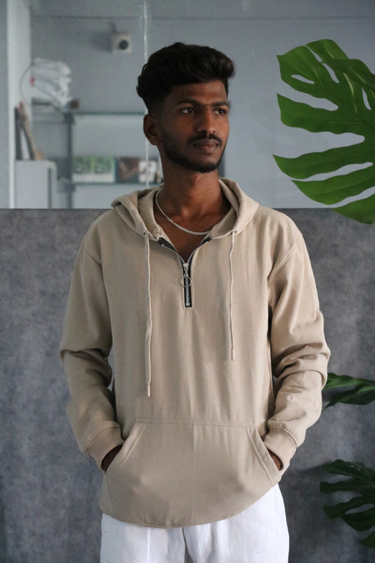 Men's Full Sleeve Half-Zip Korean Hoodie - Beige – 7MAN Men's Fashion India