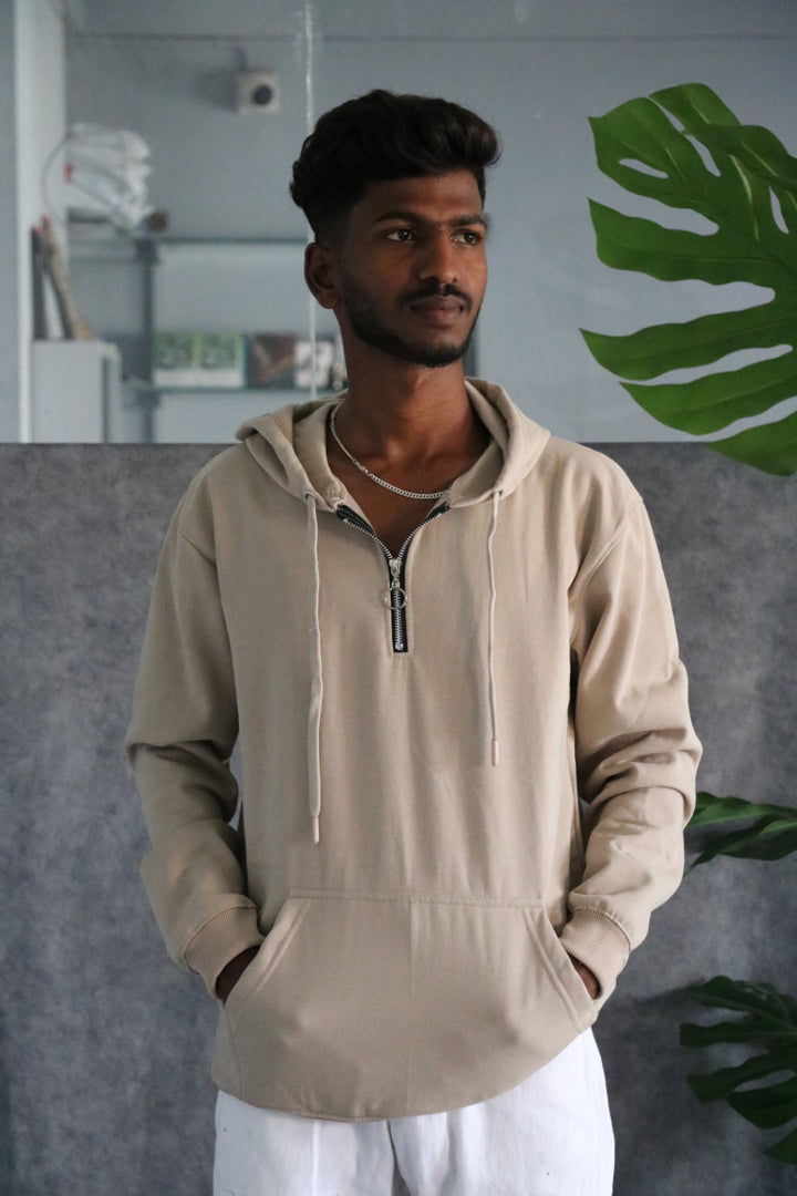 Men's Full Sleeve Half-Zip Korean Hoodie - Beige