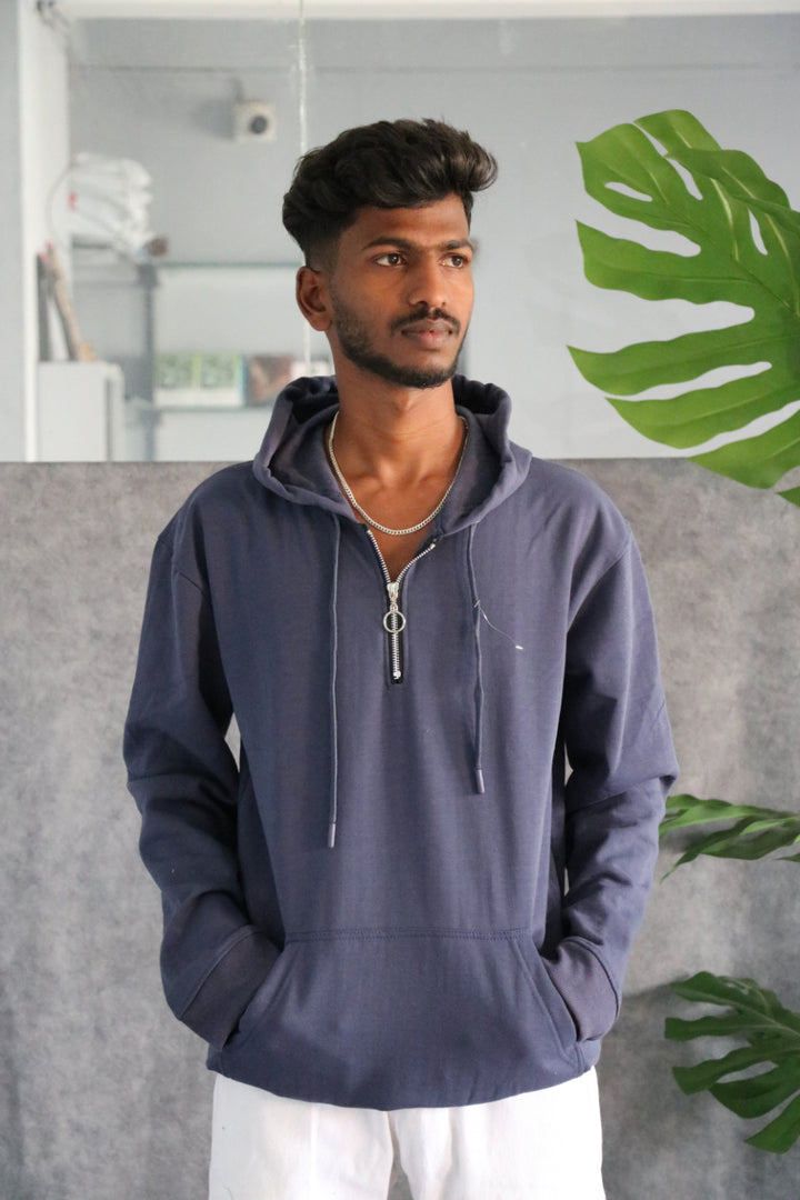 Men's Full Sleeve Half-Zip Korean Hoodie - Slate Blue
