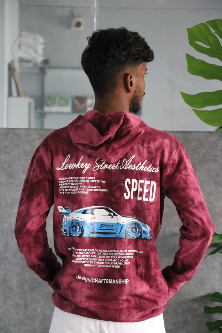 Men's Full Sleeve Streetwear Tie-Dye Speed Graphic Hoodie - Wine