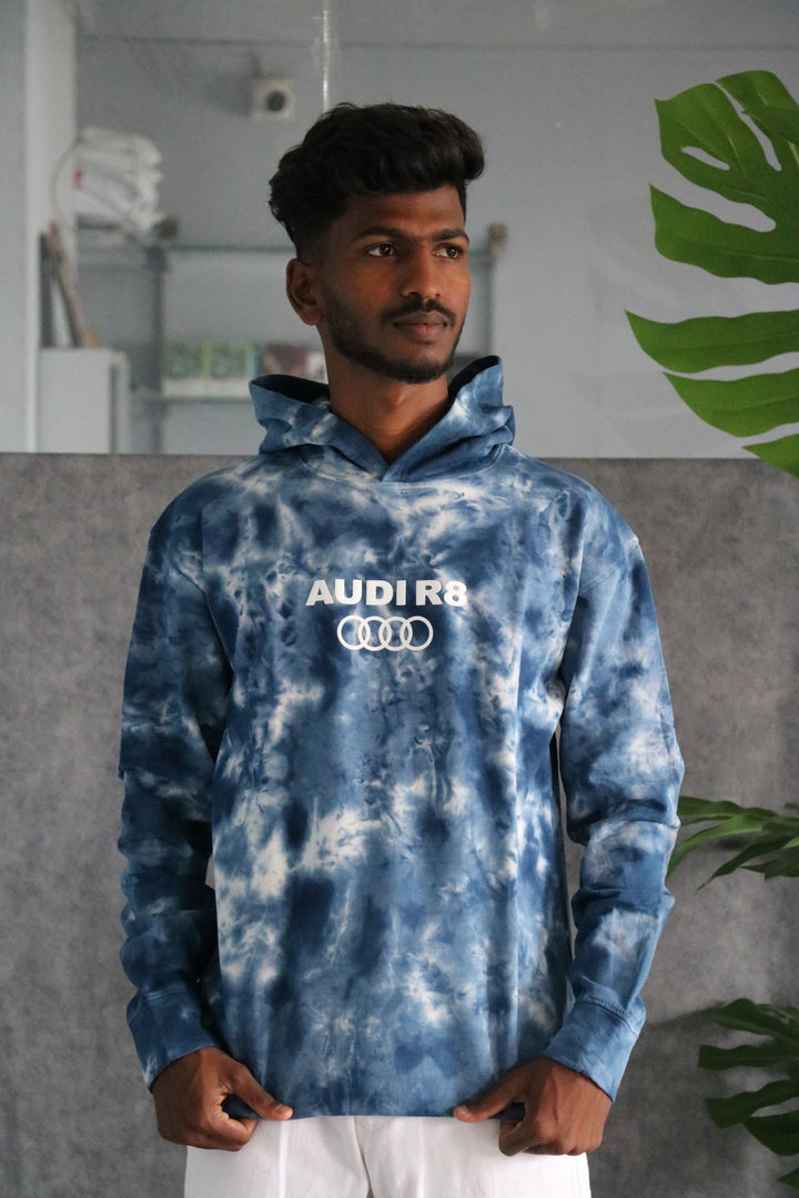 Men's Full Sleeve Streetwear Tie-Dye Audi R8 Graphic Hoodie - Blue