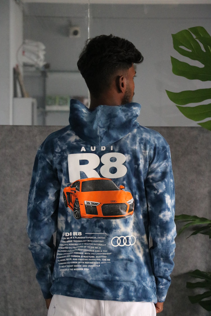 Men's Full Sleeve Streetwear Tie-Dye Audi R8 Graphic Hoodie - Blue