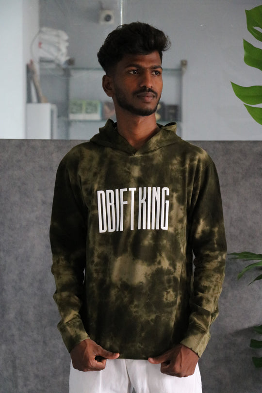 Men's Full Sleeve Streetwear Tie-Dye 'The Drift King' Graphic Hoodie - Olive – alternate view – 7MAN India