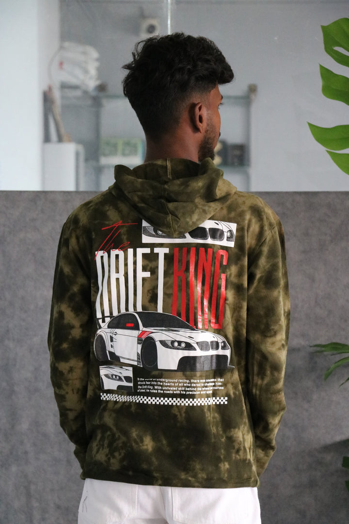 Men's Full Sleeve Streetwear Tie-Dye 'The Drift King' Graphic Hoodie - Olive