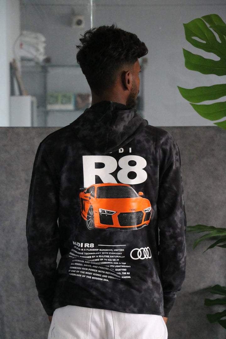 Men's Full Sleeve Streetwear Tie-Dye Audi R8 Graphic Hoodie - Black
