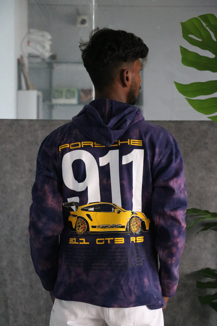 Men's Full Sleeve Streetwear Tie-Dye Porsche 911 GT3 RS Hoodie - Deep Purple