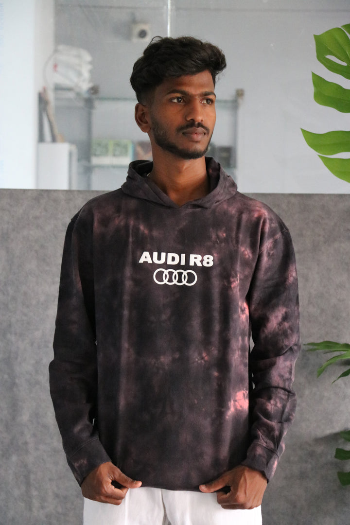 Men's Full Sleeve Streetwear Tie-Dye Audi R8 Graphic Hoodie - Grey