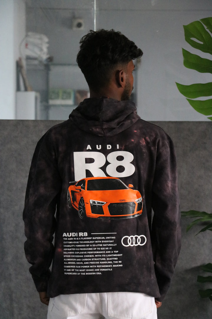 Men's Full Sleeve Streetwear Tie-Dye Audi R8 Graphic Hoodie - Grey