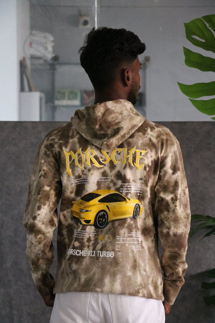 Men's Full Sleeve Streetwear Tie-Dye Porsche Hoodie - Gold