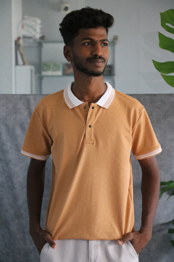 Men's Collar Striped Press Button Half Sleeve Polo T-shirt - Mustered Yellow