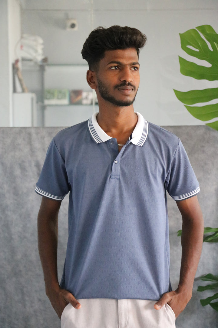 Men's Collar Striped Press Button Half Sleeve Polo T-shirt - Blue