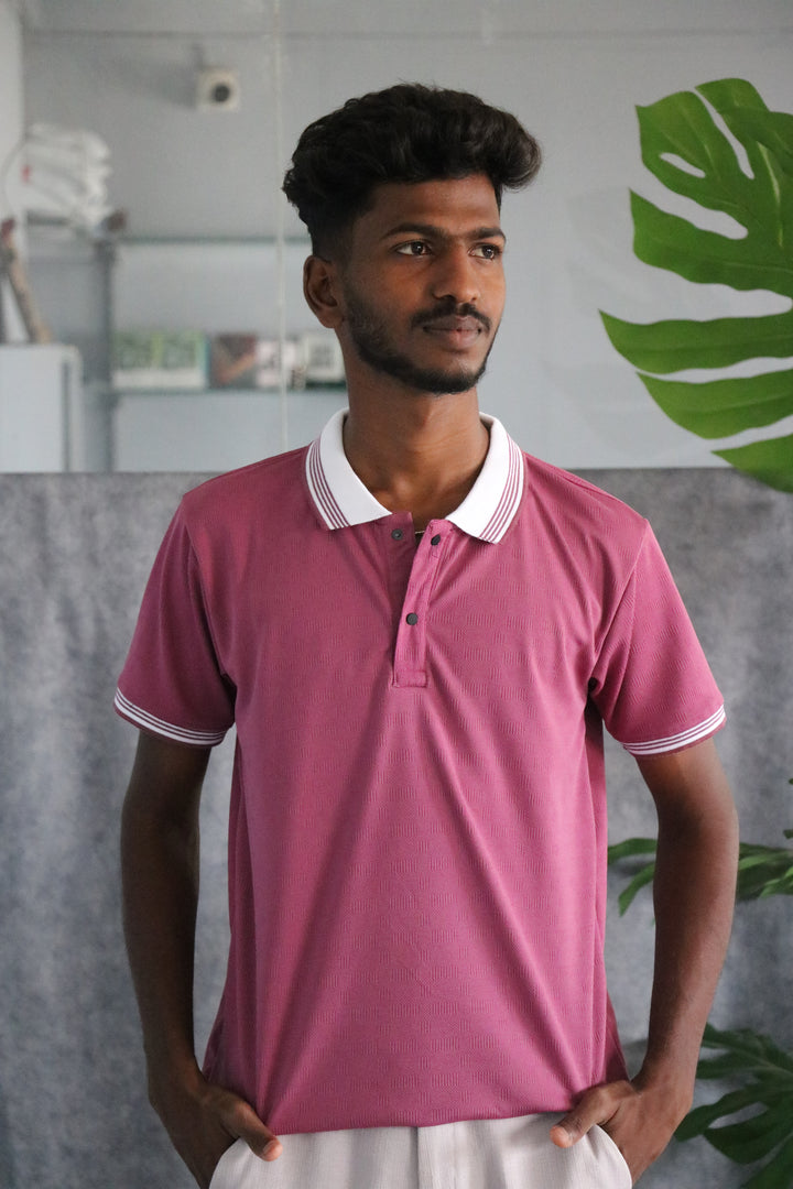 Men's Collar Striped Press Button Half Sleeve Polo T-shirt - Dark Pink