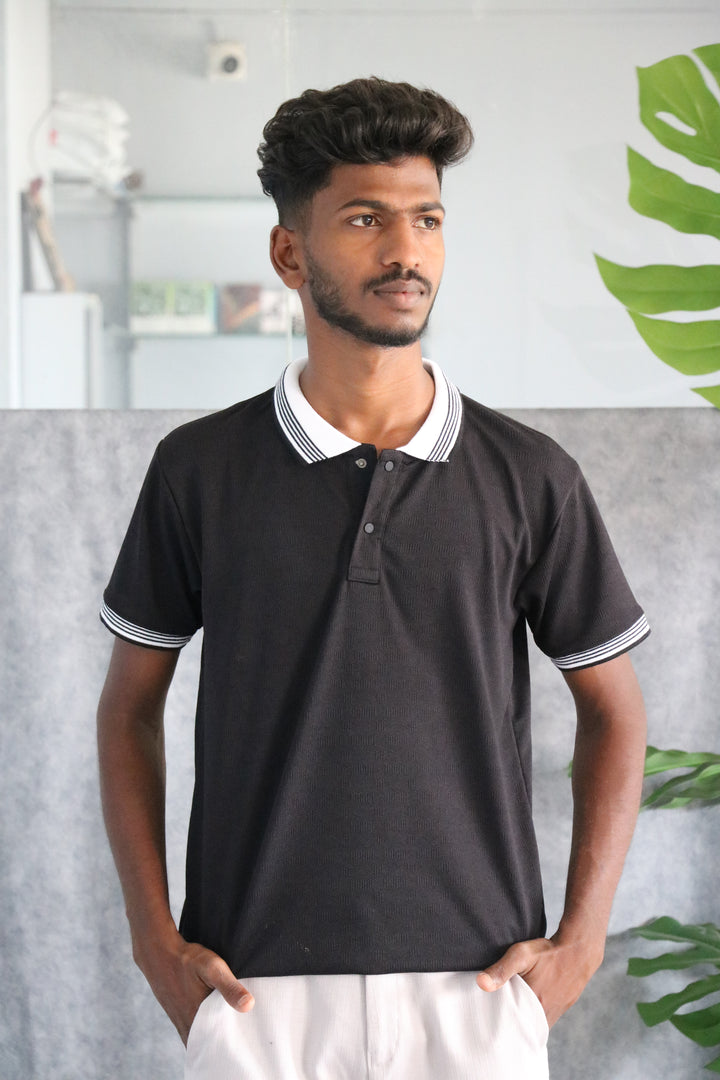 Men's Collar Striped Press Button Half Sleeve Polo T-shirt - Black