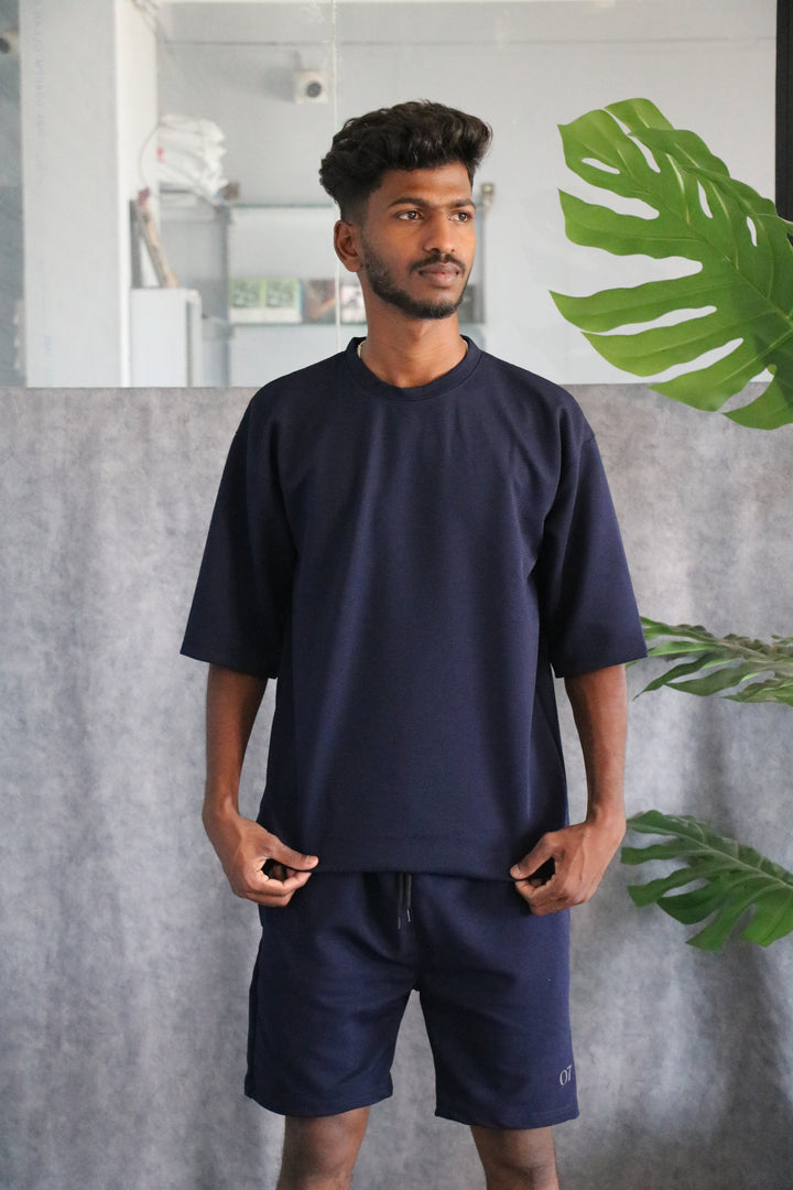 Men's Textured Oversized T-Shirt & Shorts Co-ord Set - Navy Blue