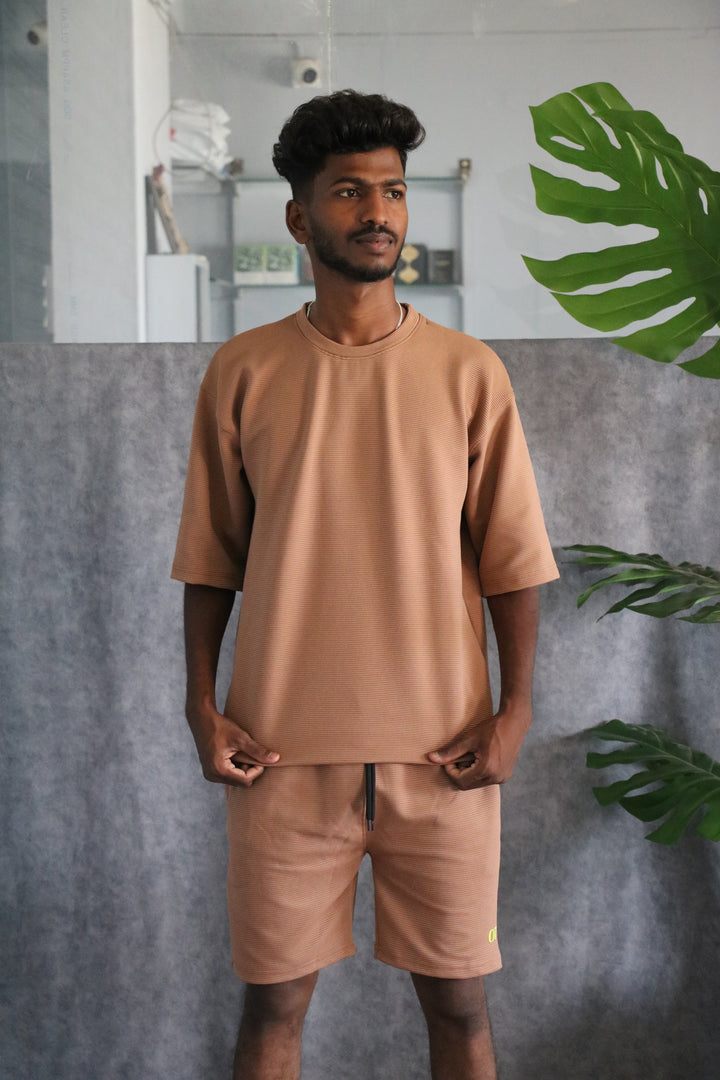 Men's Textured Oversized T-Shirt & Shorts Co-ord Set - Brown