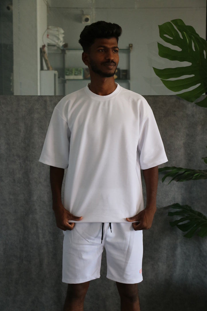 Men's Textured Oversized T-Shirt & Shorts Co-ord Set - White