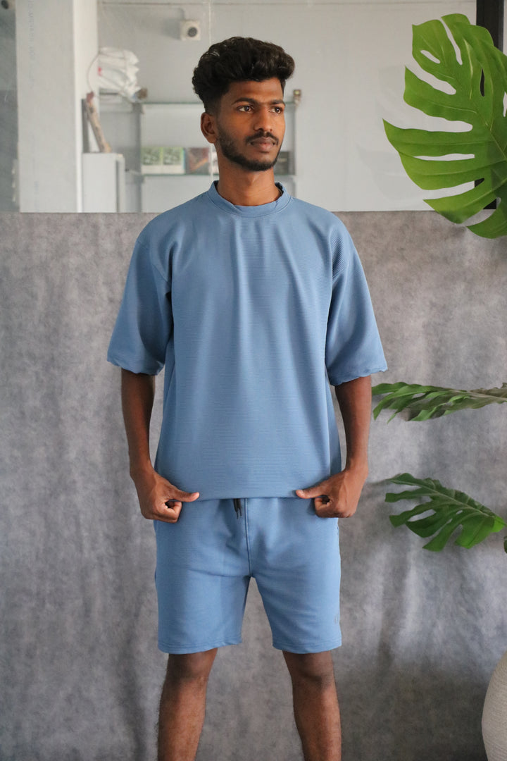Men's Textured Oversized T-Shirt & Shorts Co-ord Set - Sky Blue