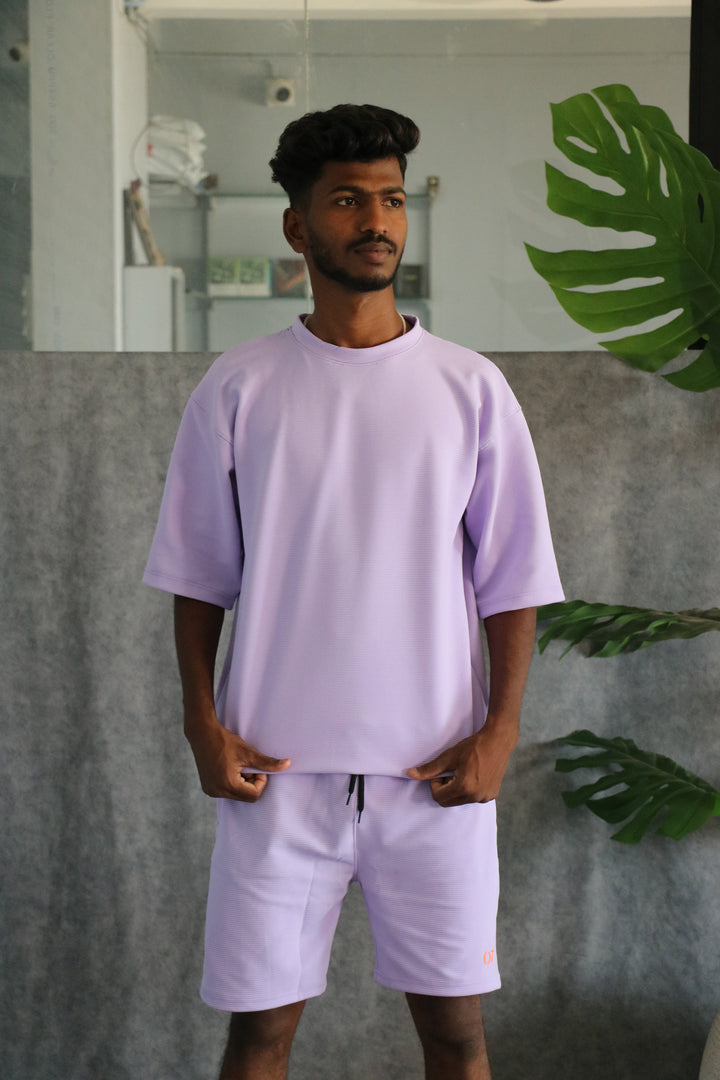 Men's Textured Oversized T-Shirt & Shorts Co-ord Set - Purple