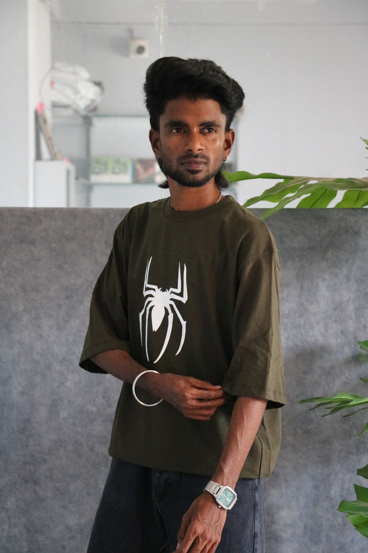 Men's Streetwear Spider Print Drop-Shoulder Tee - Olive