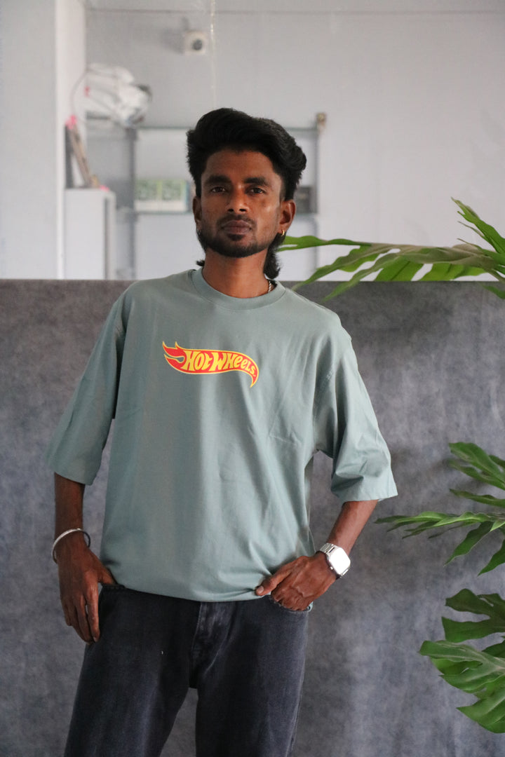 Men's Streetwear Hot Wheels Print T-Shirt - Sage Green