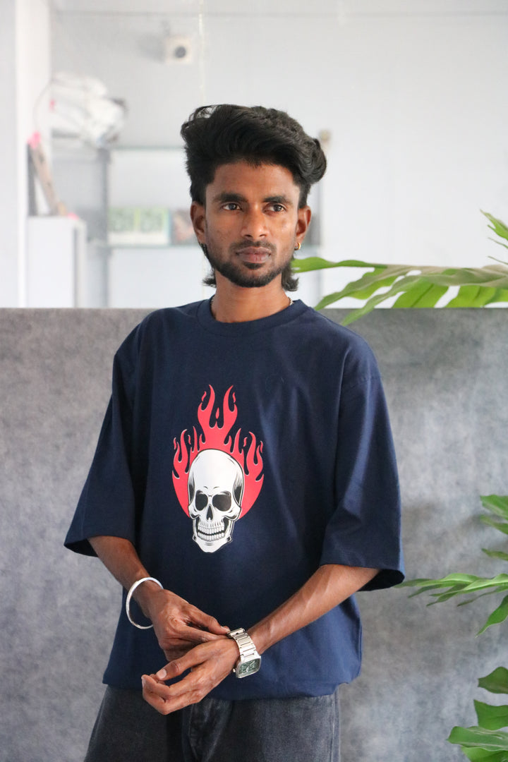 Men's Streetwear Fire Skull Print T-Shirt - Navy Blue